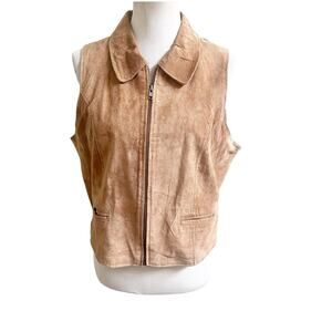 Hunt Club Vintage Women’s Suede 100% Leather Vest Tan Front Pockets Size 16 Zip